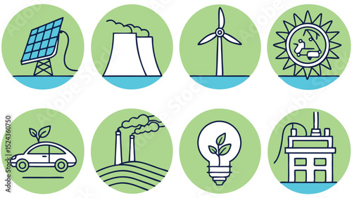 Solar Panel and Wind Turbine Vector Icons with Vibrant Green and Blue Colors  