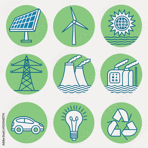 Consistent Line Art Vector Icons for Renewable Energy with Hydroelectric Dam Design  