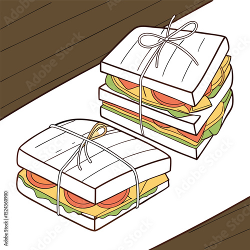 Delicious Layered Club Sandwiches with Lettuce Tomato and Cheese on Dark Wooden Surface  Warm Food Styling