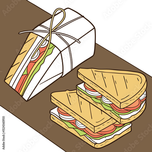 Stacked Toasted Club Sandwiches Wrapped in Craft Paper with Twine on Rustic Wooden Background

