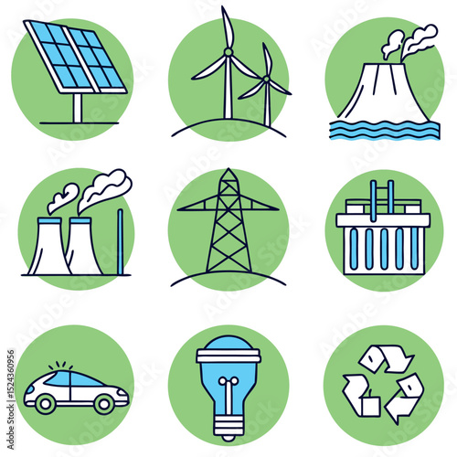 Transparent Background Renewable Energy Vector Set with Geothermal Energy Icon  