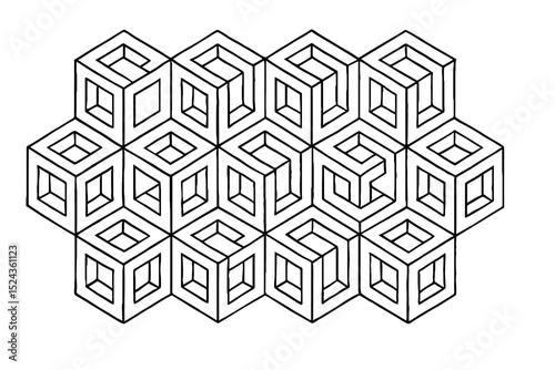 Geometric cube illusion pattern in black and white line art  