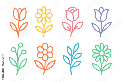 Colorful floral icons in line art style on white background  