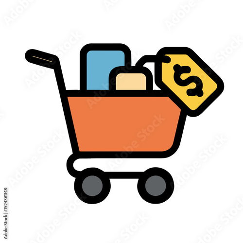 Shopping cart with colorful products and price tag attached