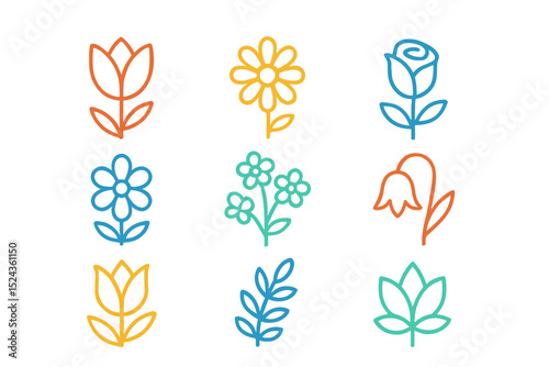 Colorful floral icons in simple line design on white background  