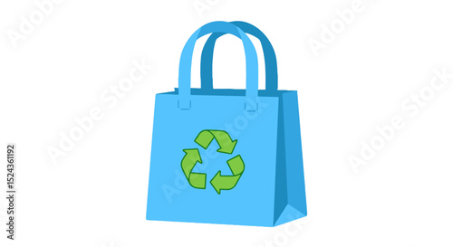 Reusable shopping bag with green recycling symbol in blue color  