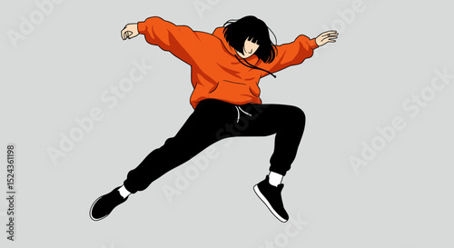 Animated dancer in orange hoodie jumping against gray background  