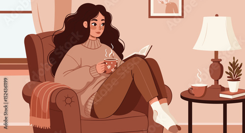 Young woman reading a book while relaxing in an armchair indoors  
