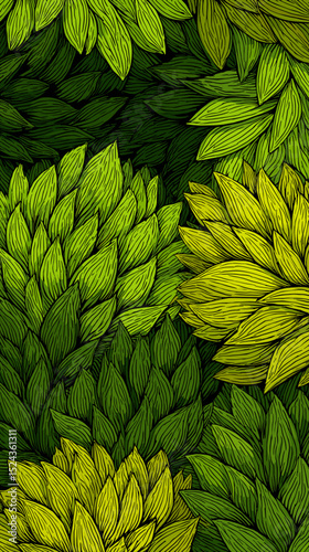 Leafy green pattern illustration featuring various shades of foliage  