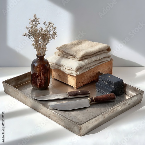 Engraved knife resting on vintage serving tray high resolution picture