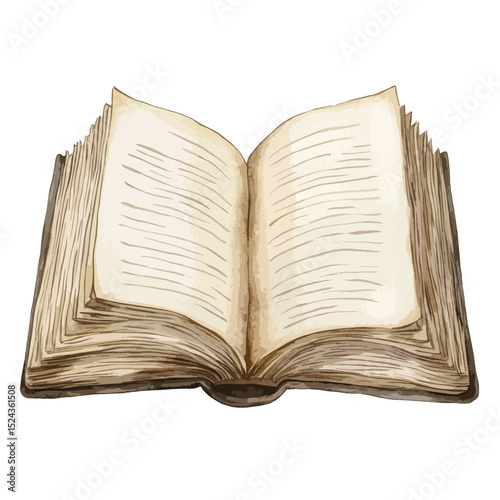 Watercolor Illustration of an Open Book with Aged Pages and Detailed Binding