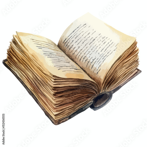 Watercolor Illustration of an Open Aged Book with Detailed Pages