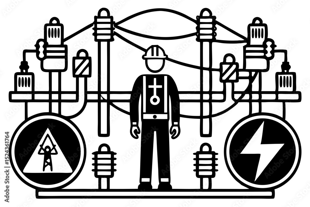 Fototapeta premium Electrician at Work High-Voltage Power Line Maintenance Illustration