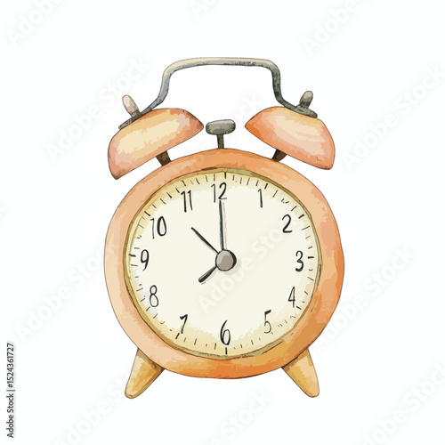 Watercolor Illustration of an Orange Alarm Clock with Visible Hands and Numbers
