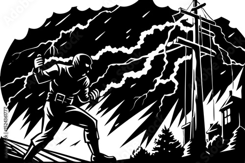 Stormy Night A Linocut Print of a Man Facing a Lightning Strike