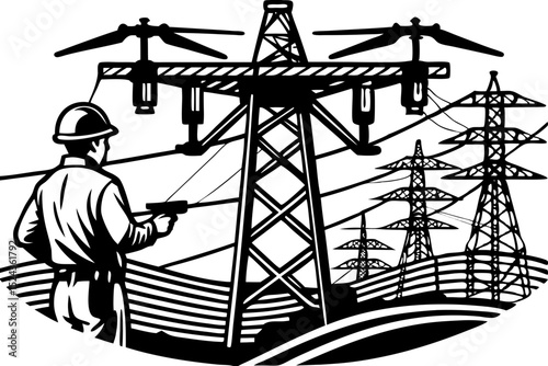 Power Line Technician Inspecting High Voltage Transmission Towers