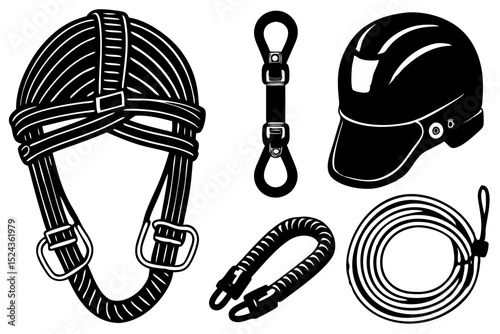 Safety Gear Icons Helmet, Harness, Rope, Carabiner, Bungee