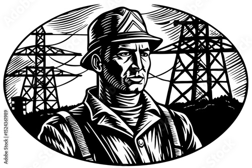 Portrait of a Lineman Power Line Worker Illustration