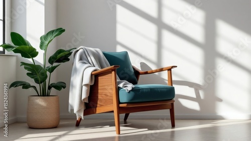 Mid-Century Modern Armchair Teal Upholstery and Wooden Frame in Sunlit Room