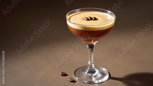 Classic espresso martini in coupe glass, Creamy coffee cocktail with three-bean garnish, Isolated transparent background with subtle shadow, Smooth chilled drink for dessert menus