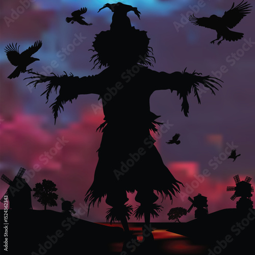scarecrow and birds silhouettes on dark sunset background