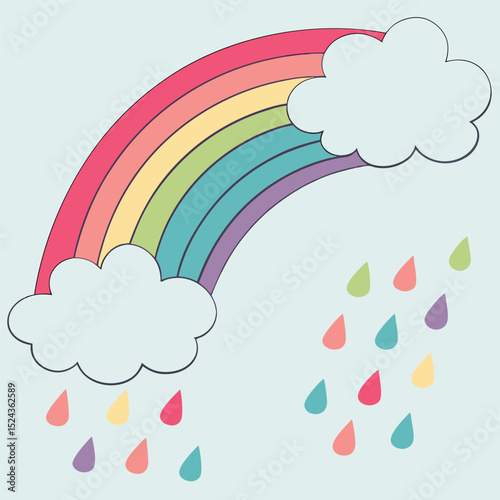 Colorful rainbow with clouds and raindrops in pastel shades on a light blue background illustration