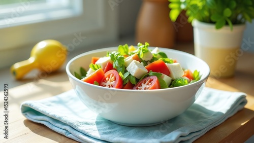 Greek salad bowl on blue-striped towel, Positioned on sunny kitchen table, Captured in bright daylight tones, Emphasizing casual summer lunch vibe