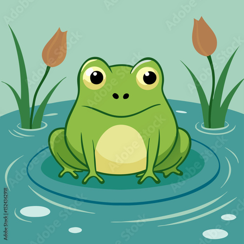 Cute Green Frog Sitting on Lily Pad in Pond