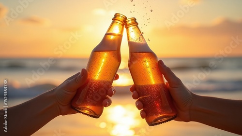 Two beer bottles clinking with foam, Sunset beach background and warm hues, Celebration concept with action freeze, Refreshed summer scene with bokeh light photo