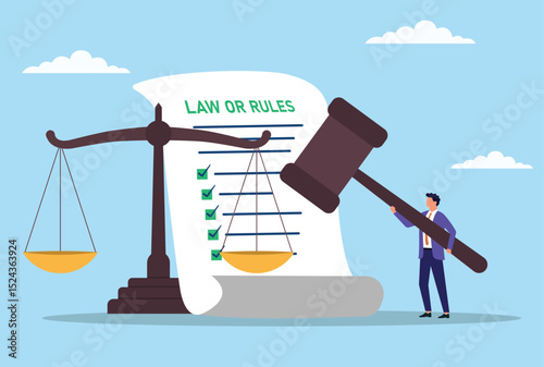 Vector illustration of a businessman holding a large gavel, applying a checklist of laws and rules, with a balanced scale of justice in the background, symbolizing control, and the rule of law