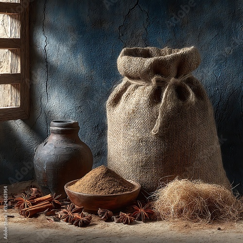 Ethnic kitchen sack holding dry husk high resolution picture