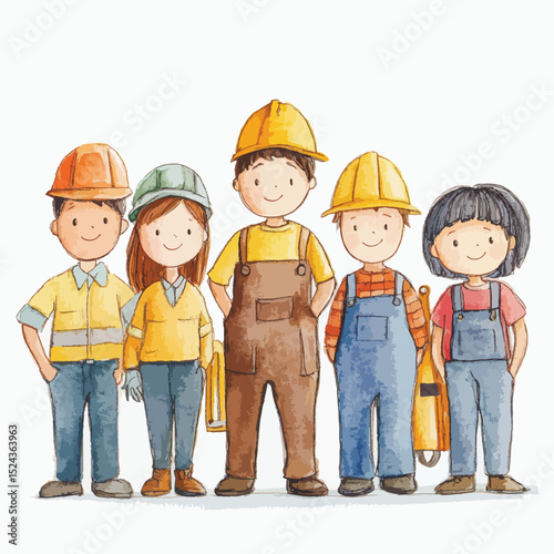 Watercolor Illustration of Five Smiling Children in Construction Outfits