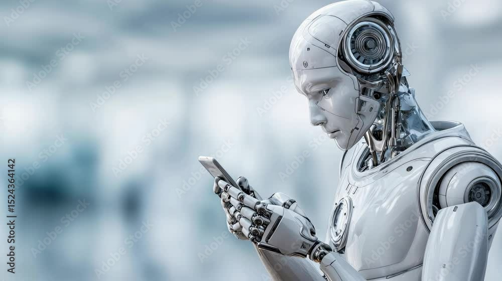 Humanoid Robot Focused on Smartphone Interaction with copy space. Artificial intelligence, humanoid robotics, digital interaction, future technology.