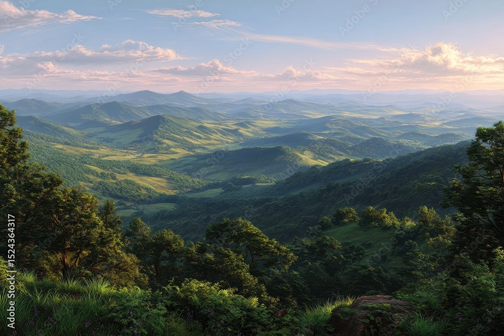 Naklejka premium Serene vista of rolling green hills and lush forests