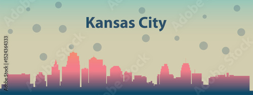 A stylized silhouette of the city skyline of Kansas city, Missouri with pink buildings against a light beige sky with scattered dark circles that can symbolize rain or stars.