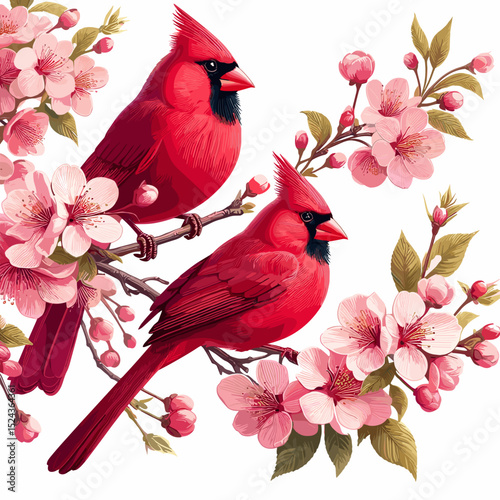 Two vibrant red cardinals perched on cherry blossom branches, spring theme, floral illustration, copy space