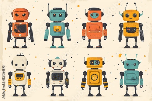 Cute retro style robot character set high resolution picture