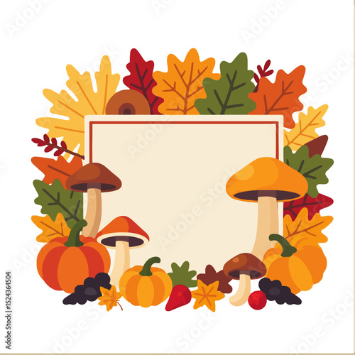 Autumnal Frame with Pumpkins-Mushrooms-Berries and Foliage-Seasonal Fall Harvest-Thanksgiving Decoration-Celebrate the Beauty of Autumn