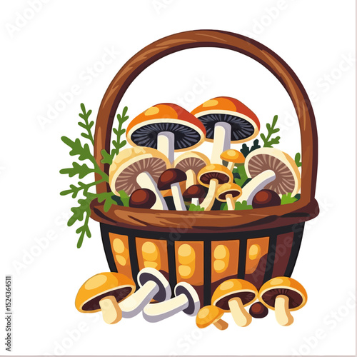 Basket of Fresh Mushrooms Illustration- Autumn Harvest Still Life- Edible Fungi Art for Food Lovers- Forest Foraging Concept- Colorful Mushroom Basket Design