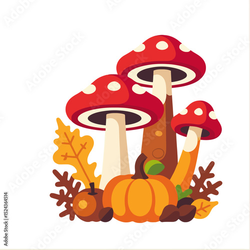 Autumnal still life with Mushrooms and Pumpkins - Cute Fall Decoration - Harvest Season Graphics - Thanksgiving theme - Flat vector illustration