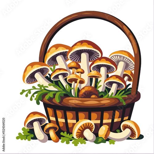 Basket of Fresh Mushrooms Illustration-Delicious Forest Fungi Art-Mushroom Foraging Season-Culinary Delights-Autumn Harvest Theme-Wild Edible Mushrooms-Nature Inspired Artwork