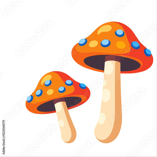 Cartoon Mushroom Illustration-Colorful Fungi Art for Kids-Fun Graphic of Orange Mushrooms with Blue Spots-Whimsical Nature Clip Art-Ideal for Children's Books