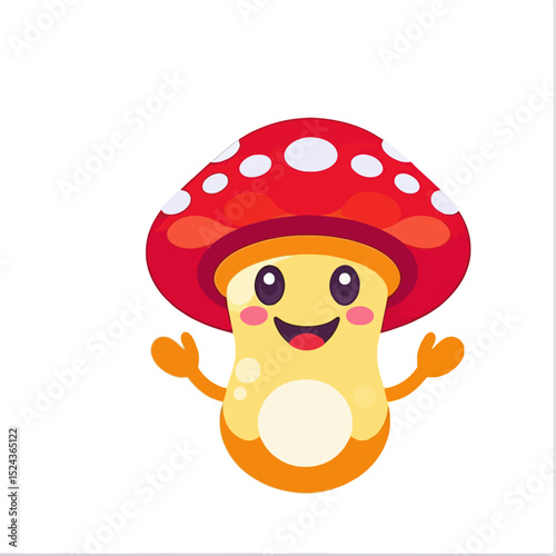 Cute Cartoon Mushroom Character Illustration - Happy Fungus with Red Cap & White Spots - Perfect for Kids Designs and Educational Materials- Playful Mushroom Image