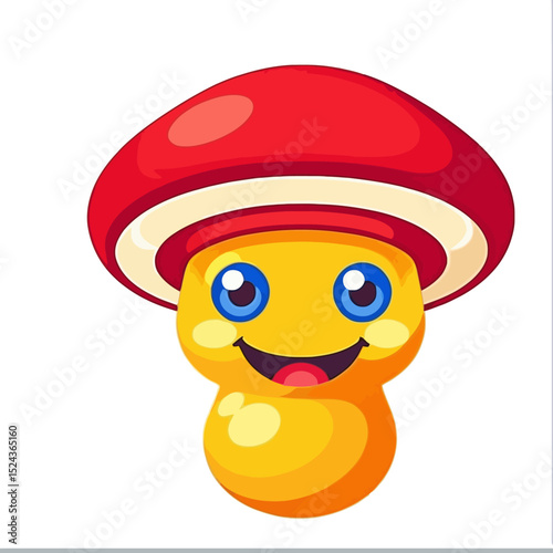 Cute Cartoon Mushroom Character-Smiling Mushroom with Red Cap and Big Blue Eyes-Adorable Fungi Vector Illustration-Playful and Whimsical Design Element