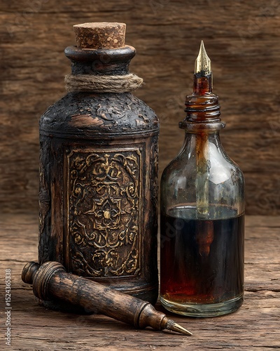 Dark medicine bottles on historic book high resolution picture