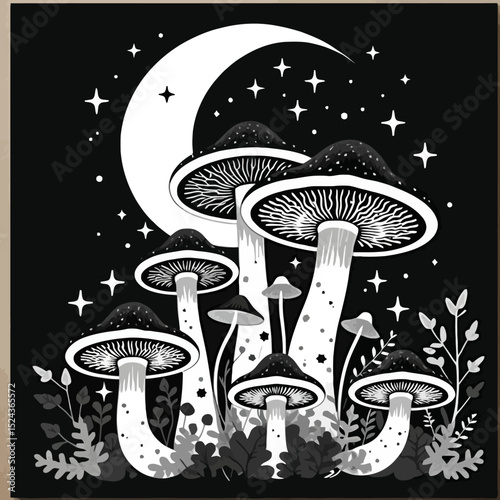 Magical Mushroom Moonlight-Black and White Mushroom Art-Fantasy Fungi Under the Moon-Starry Night Scene with Mushrooms-Mystical Forest Illustration