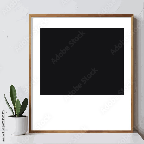 Minimalist Wall Art with Bold Black Abstract Shape and Wooden Frame- Modern Home Decor Accent- Plant and White Surface- Contemporary Art for Living Room or Office