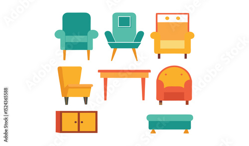 A vector set of furniture icons illustrating home and office interior design