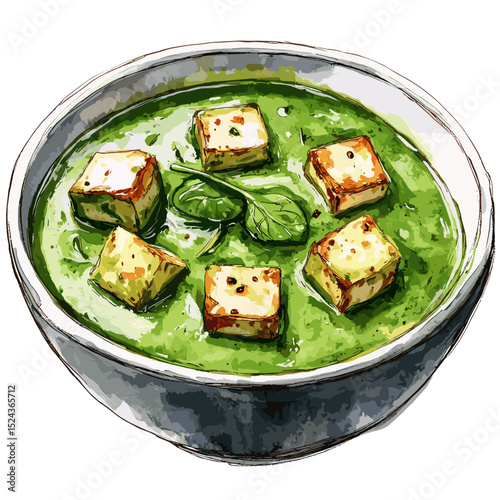 Watercolor Palak Paneer with Creamy Spinach and Golden Paneer Cubes