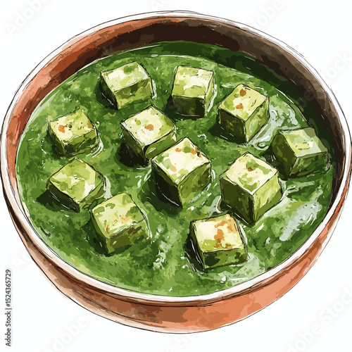 Watercolor Palak Paneer with Creamy Spinach and Golden Paneer Cubes